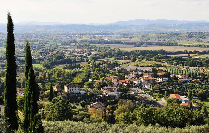 The green and picturesque Umbrian landscape below the hill where the Basilica stands.