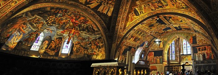 The colorful murals on the ceiling of the lower basilica.