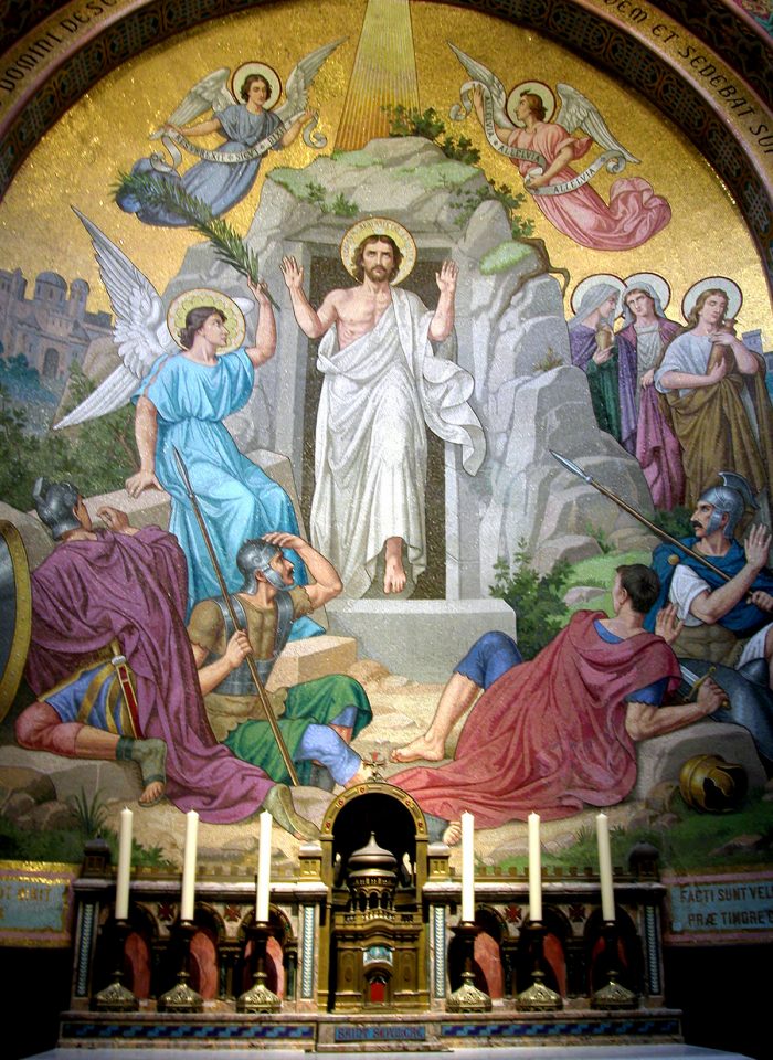 The Resurrection depicted in the glass mosaic wall.