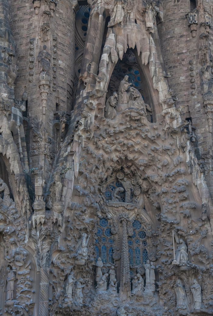 The Nativity scene's intricate details were the only facade finished during Gaudi's lifetime.