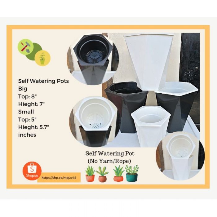 Self Watering Pots White Black High Quality Modern Plastic Pots Plant Holder NO ROPE OR YARN