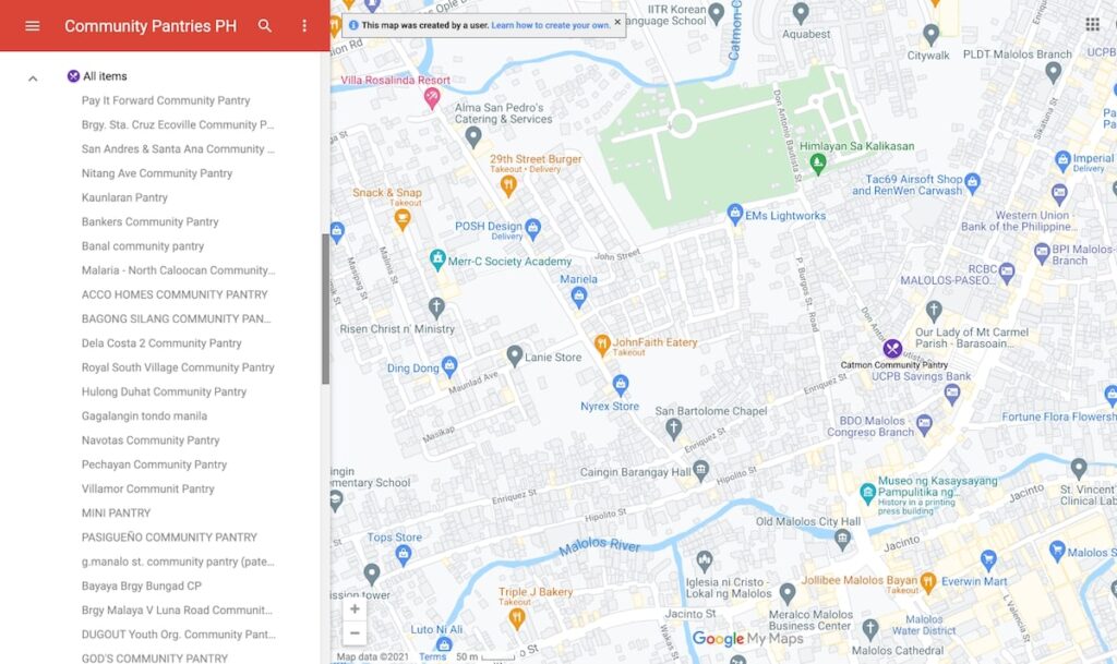 Technology for a community movement. Community pantry volunteers maximize Google Sheets and Google Forms to gather and organize relevant information about community pantries. They use Google My Maps to map this information and help people easily locate the pantries so they can get needed supplies, volunteer, or donate. 