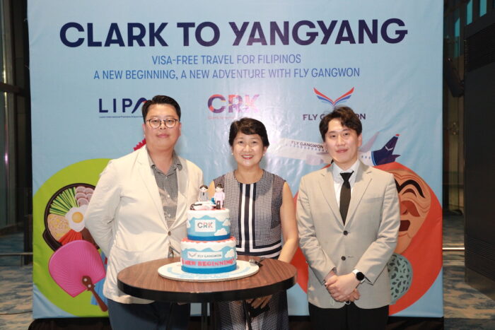In photo, from left, Fly Gangwon Sales representative Mr. Baek Seungyong, LIPAD CEO Ms. Bi Yong Chungunco, and Fly Gangwon Station Manager Mr. Seung Hyun Kim.